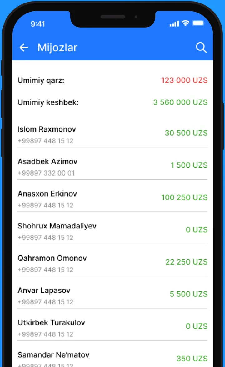 Bito 2.0 ilovasi: mijozlar ro'yxati — umumiy qarz va cashback